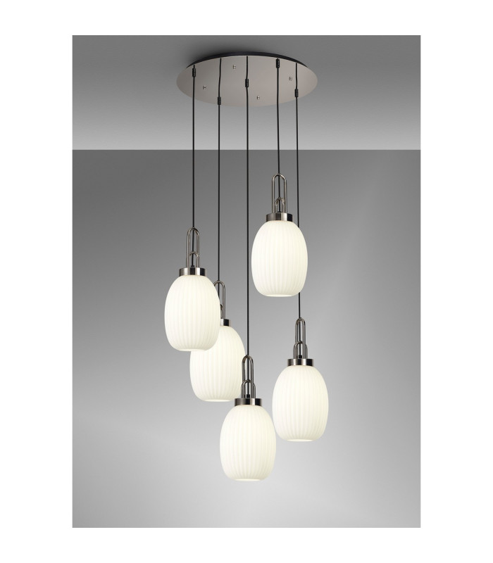 Yorktown 65cm Round 5 Light Pendant 20cm Almond Ribbed Glass Polished Nickel/Matt Black Opal-3