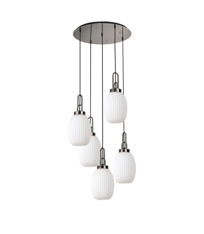 Yorktown 65cm Round 5 Light Pendant 20cm Almond Ribbed Glass Polished Nickel/Matt Black Opal-4