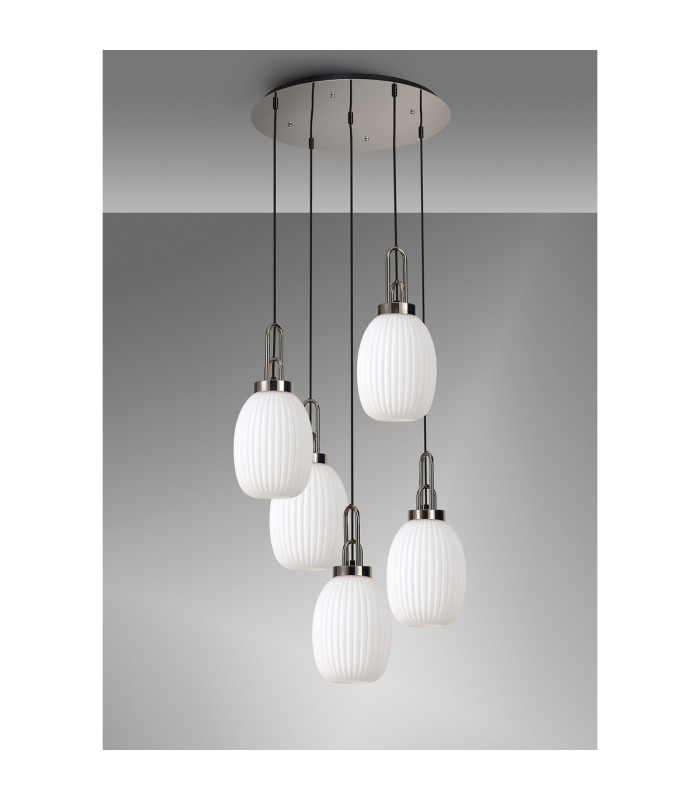 Yorktown 65cm Round 5 Light Pendant 20cm Almond Ribbed Glass Polished Nickel/Matt Black Opal-9