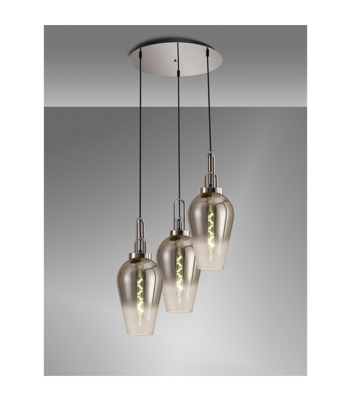 Yorktown 68cm Round 3 Light Pendant 23cm Pear Glass Polished Nickel/Matt Black Smoked/Clear-3