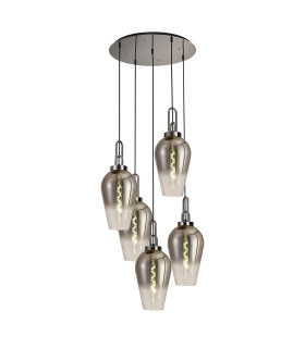 Yorktown 78cm Round 5 Light Pendant 23cm Pear Glass Polished Nickel/Matt Black Smoked/Clear-1