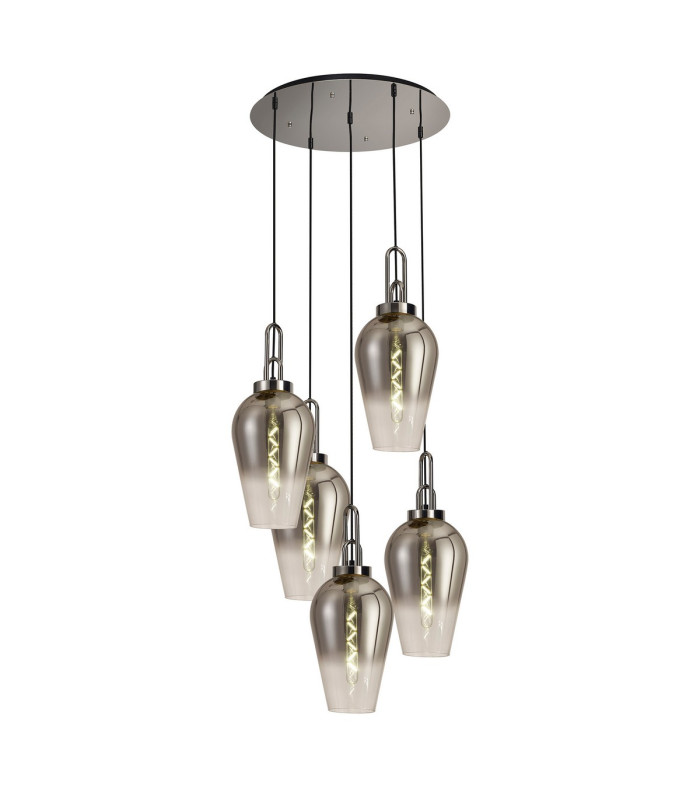 Yorktown 78cm Round 5 Light Pendant 23cm Pear Glass Polished Nickel/Matt Black Smoked/Clear-1