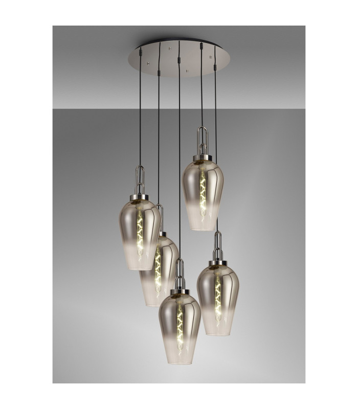 Yorktown 78cm Round 5 Light Pendant 23cm Pear Glass Polished Nickel/Matt Black Smoked/Clear-3