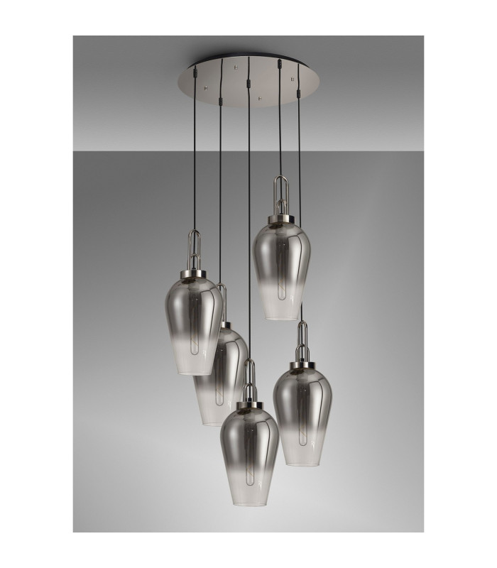 Yorktown 78cm Round 5 Light Pendant 23cm Pear Glass Polished Nickel/Matt Black Smoked/Clear-9