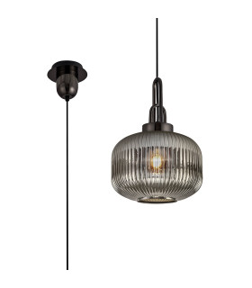 Yorktown Pendant 1 x E27 Black Chrome/Matt Black 30cm Round Ribbed Smoked Glass-1