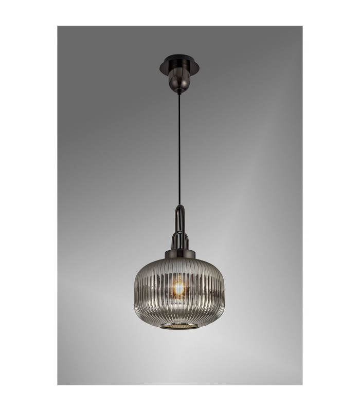 Yorktown Pendant 1 x E27 Black Chrome/Matt Black 30cm Round Ribbed Smoked Glass-3