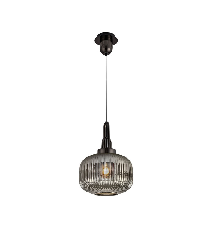 Yorktown Pendant 1 x E27 Black Chrome/Matt Black 30cm Round Ribbed Smoked Glass-4