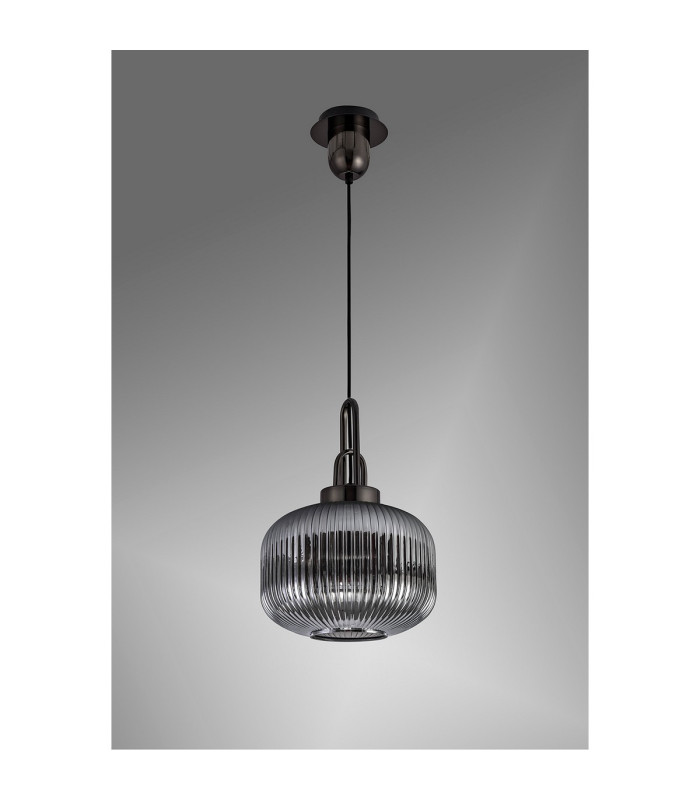Yorktown Pendant 1 x E27 Black Chrome/Matt Black 30cm Round Ribbed Smoked Glass-12
