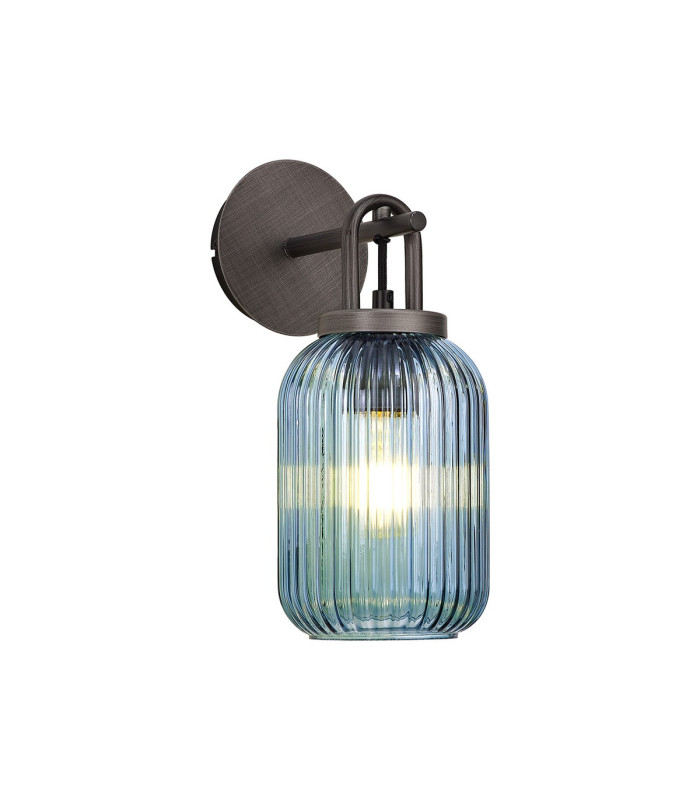 Yorktown Mini Wall Light Switched 1 x E27 Aged Pewter 14cm Tubular Ribbed Glass Petrol Blue-1