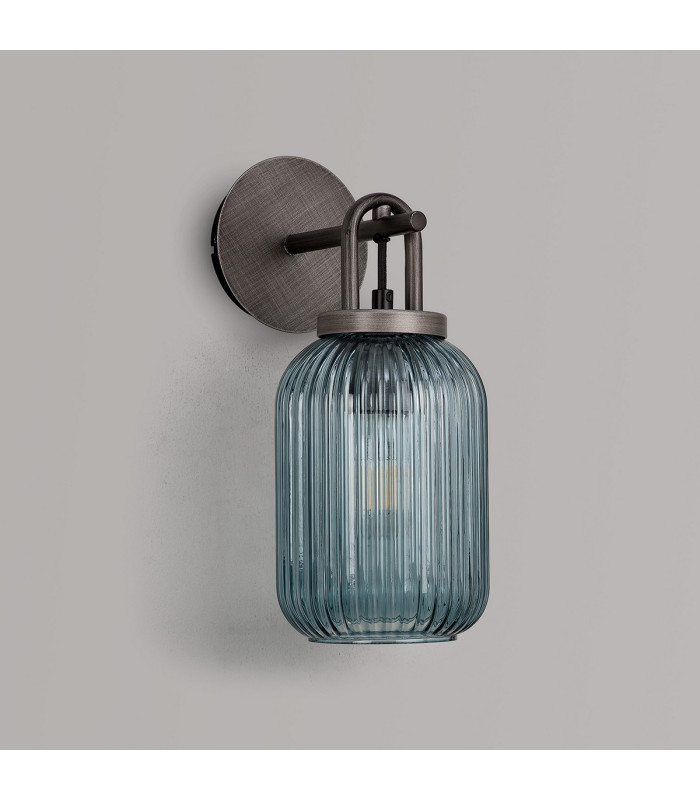 Yorktown Mini Wall Light Switched 1 x E27 Aged Pewter 14cm Tubular Ribbed Glass Petrol Blue-6
