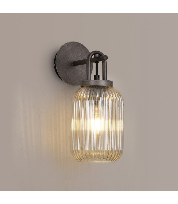 Yorktown Mini Wall Light Switched 1 x E27 Aged Pewter 14cm Tubular Ribbed Glass Champagne-3