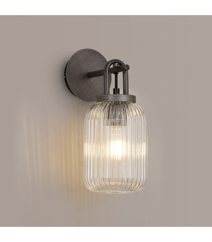 Yorktown Mini Wall Light Switched 1 x E27 Aged Pewter 14cm Tubular Ribbed Glass Clear-3