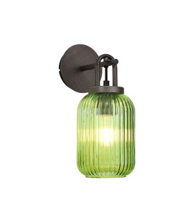 Yorktown Mini Wall Light Switched 1 x E27 Aged Pewter 14cm Tubular Ribbed Glass Green-1