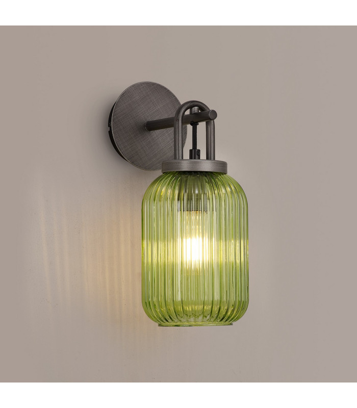 Yorktown Mini Wall Light Switched 1 x E27 Aged Pewter 14cm Tubular Ribbed Glass Green-3
