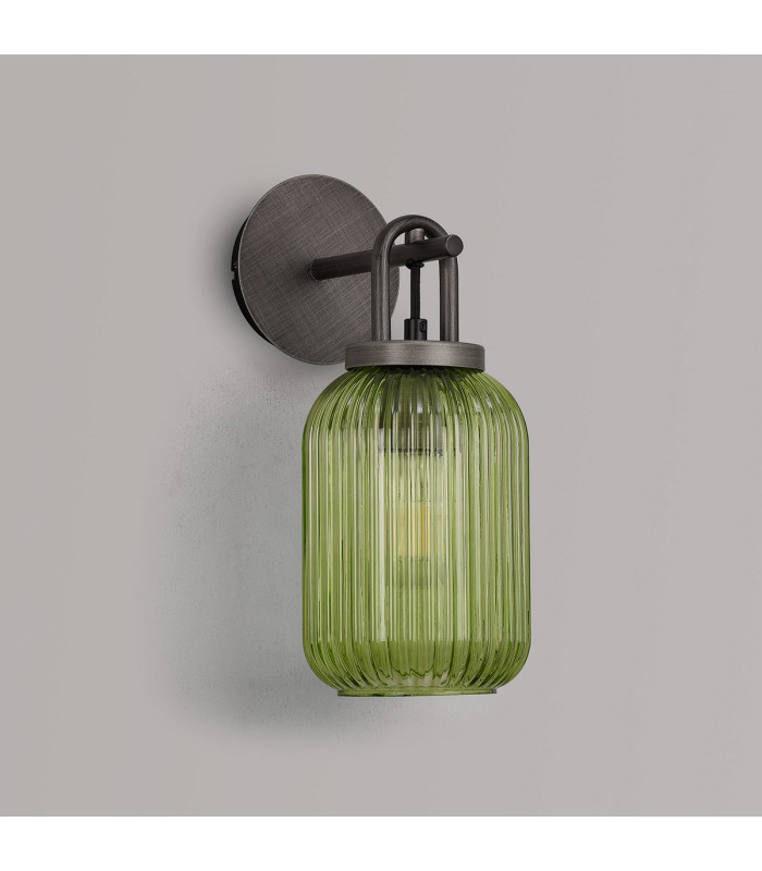 Yorktown Mini Wall Light Switched 1 x E27 Aged Pewter 14cm Tubular Ribbed Glass Green-7