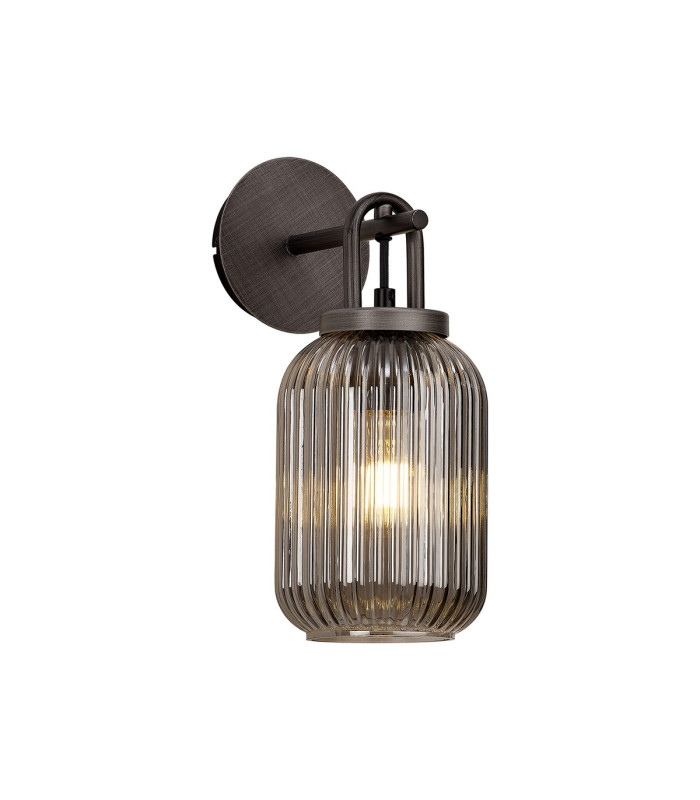 Yorktown Mini Wall Light Switched 1 x E27 Aged Pewter 14cm Tubular Ribbed Glass Smoked-1