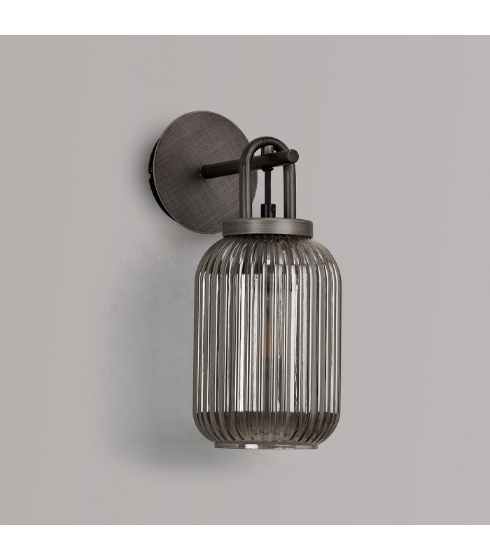 Yorktown Mini Wall Light Switched 1 x E27 Aged Pewter 14cm Tubular Ribbed Glass Smoked-7