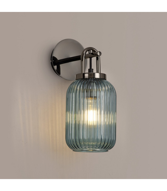 Yorktown Mini Wall Light Switched 1 x E27 Black Chrome 14cm Tubular Ribbed Glass Petrol Blue-3