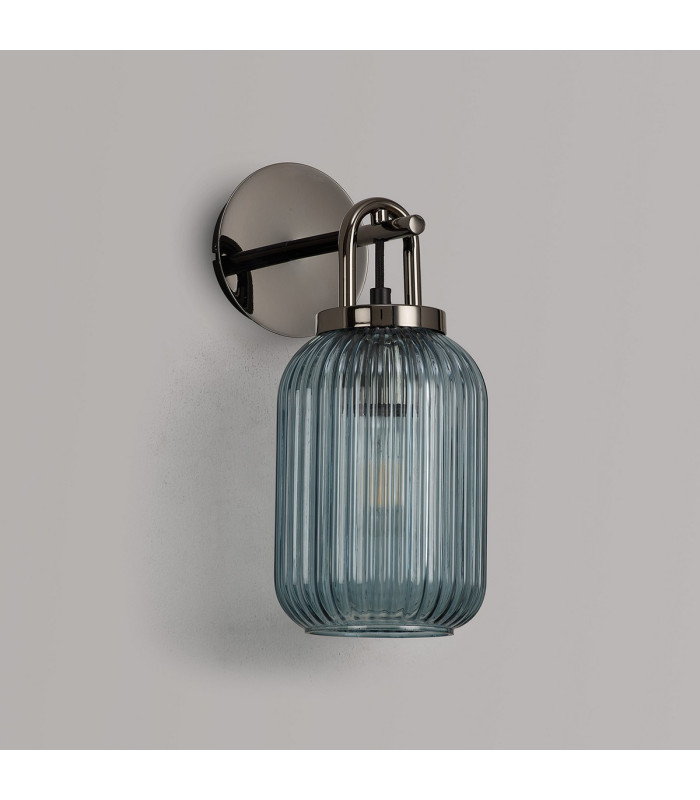 Yorktown Mini Wall Light Switched 1 x E27 Black Chrome 14cm Tubular Ribbed Glass Petrol Blue-7