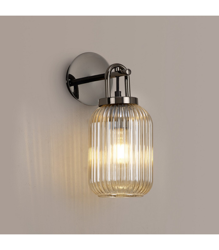 Yorktown Mini Wall Light Switched 1 x E27 Black Chrome 14cm Tubular Ribbed Glass Champagne-3