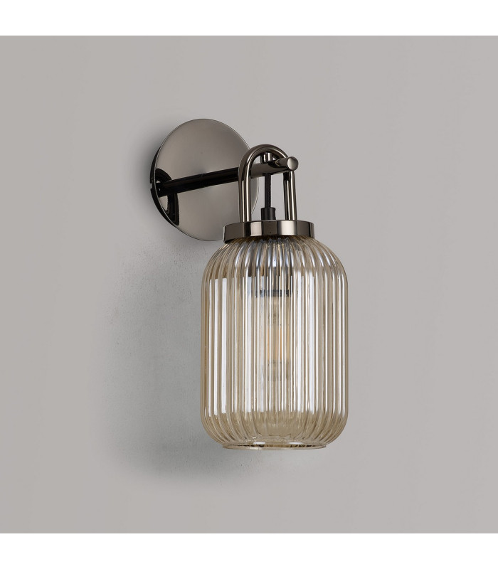 Yorktown Mini Wall Light Switched 1 x E27 Black Chrome 14cm Tubular Ribbed Glass Champagne-7
