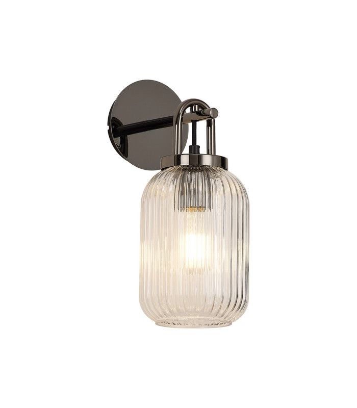 Yorktown Mini Wall Light Switched 1 x E27 Black Chrome 14cm Tubular Ribbed Glass Clear-1