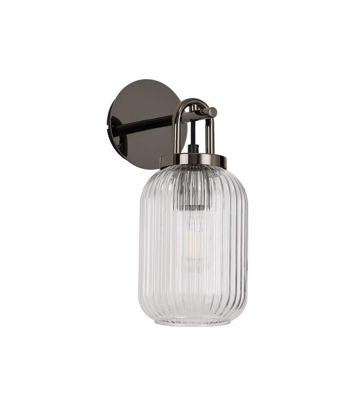 Yorktown Mini Wall Light Switched 1 x E27 Black Chrome 14cm Tubular Ribbed Glass Clear-4