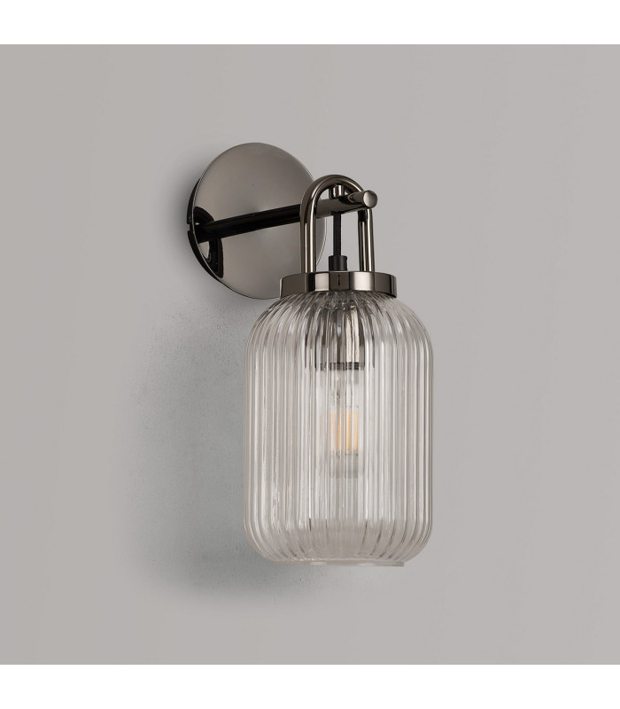 Yorktown Mini Wall Light Switched 1 x E27 Black Chrome 14cm Tubular Ribbed Glass Clear-7