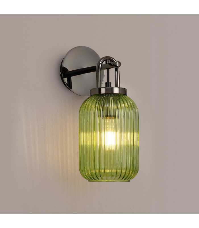 Yorktown Mini Wall Light Switched 1 x E27 Black Chrome 14cm Tubular Ribbed Glass Green-3