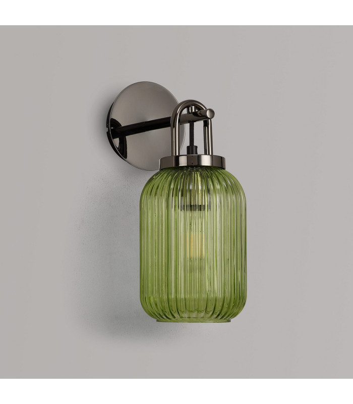 Yorktown Mini Wall Light Switched 1 x E27 Black Chrome 14cm Tubular Ribbed Glass Green-4