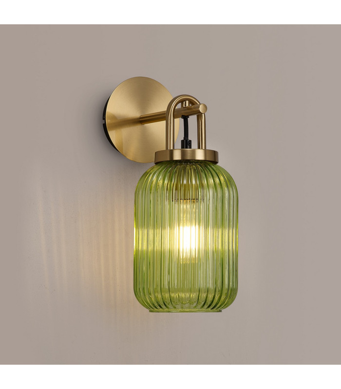 Yorktown Mini Wall Light Switched 1 x E27 Brass Gold 14cm Tubular Ribbed Glass Green-3