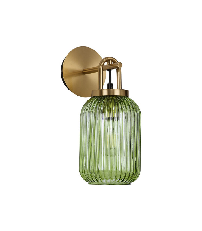 Yorktown Mini Wall Light Switched 1 x E27 Brass Gold 14cm Tubular Ribbed Glass Green-4