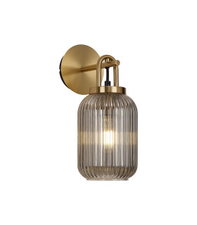 Yorktown Mini Wall Light Switched 1 x E27 Brass Gold 14cm Tubular Ribbed Glass Smoked-1