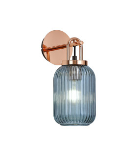 Yorktown Mini Wall Light Switched 1 x E27 Copper 14cm Tubular Ribbed Glass Petrol Blue-1