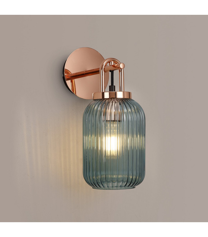 Yorktown Mini Wall Light Switched 1 x E27 Copper 14cm Tubular Ribbed Glass Petrol Blue-3