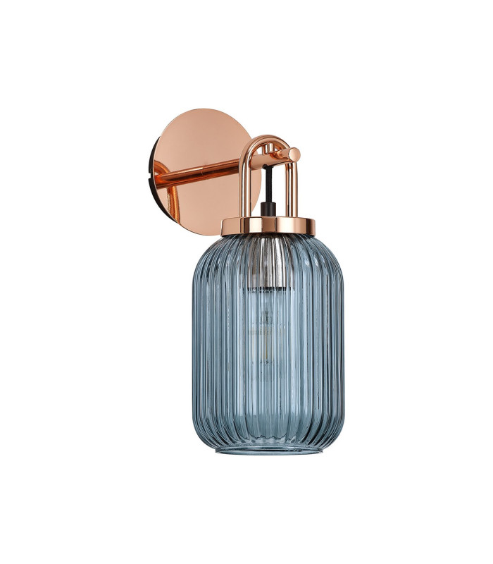 Yorktown Mini Wall Light Switched 1 x E27 Copper 14cm Tubular Ribbed Glass Petrol Blue-4