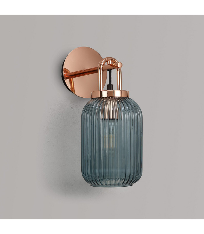Yorktown Mini Wall Light Switched 1 x E27 Copper 14cm Tubular Ribbed Glass Petrol Blue-7