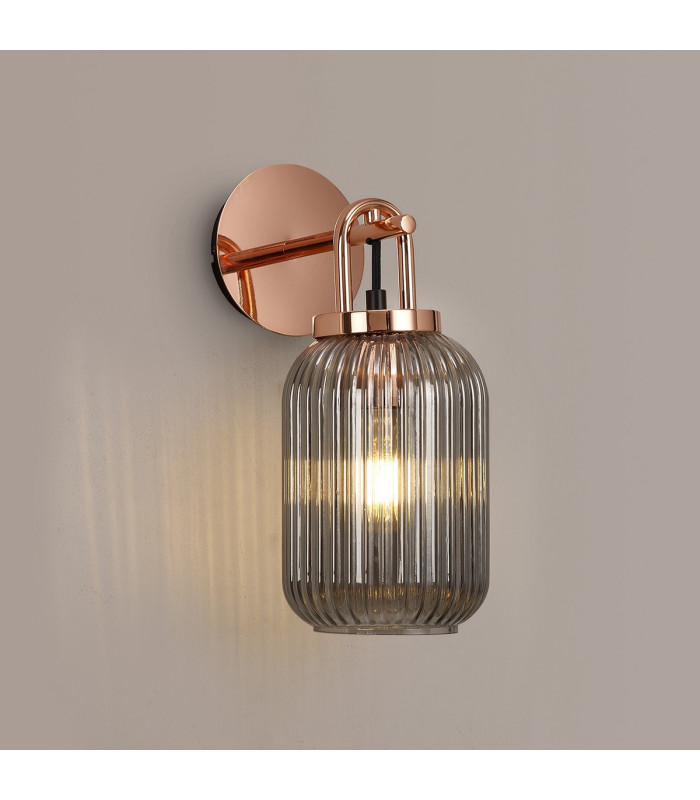Yorktown Mini Wall Light Switched 1 x E27 Copper 14cm Tubular Ribbed Glass Smoked-3