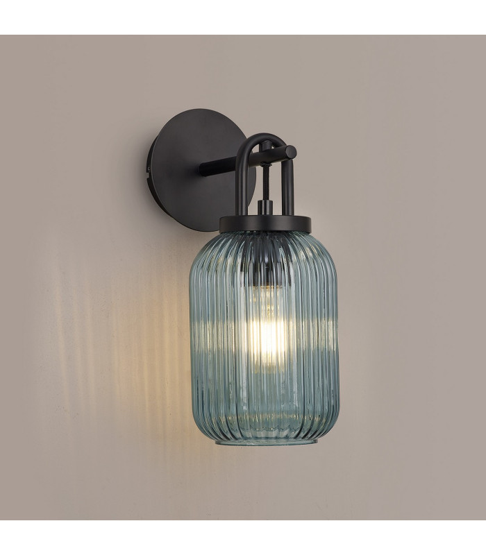 Yorktown Mini Wall Light Switched 1 x E27 Matt Black 14cm Tubular Ribbed Glass Petrol Blue-3