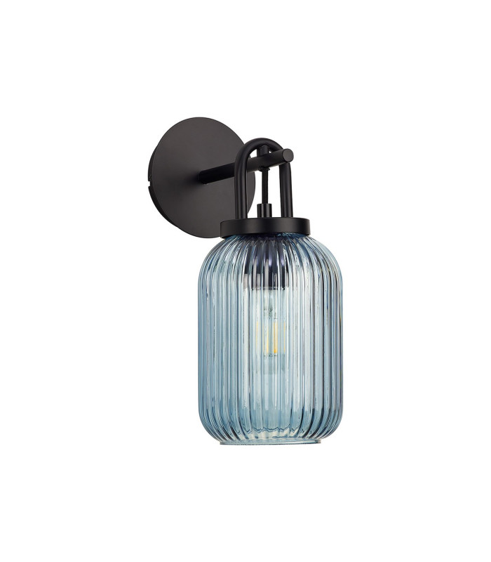 Yorktown Mini Wall Light Switched 1 x E27 Matt Black 14cm Tubular Ribbed Glass Petrol Blue-4