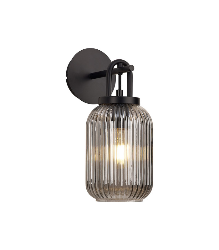 Yorktown Mini Wall Light Switched 1 x E27 Matt Black 14cm Tubular Ribbed Glass Smoked-1