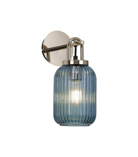 Yorktown Mini Wall Light Switched 1 x E27 Polished Nickel 14cm Tubular Ribbed Glass Petrol Blue-1