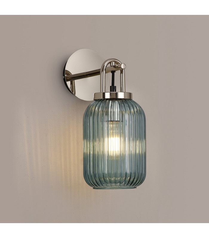 Yorktown Mini Wall Light Switched 1 x E27 Polished Nickel 14cm Tubular Ribbed Glass Petrol Blue-3
