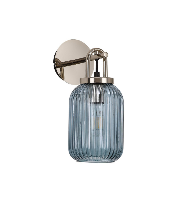 Yorktown Mini Wall Light Switched 1 x E27 Polished Nickel 14cm Tubular Ribbed Glass Petrol Blue-4