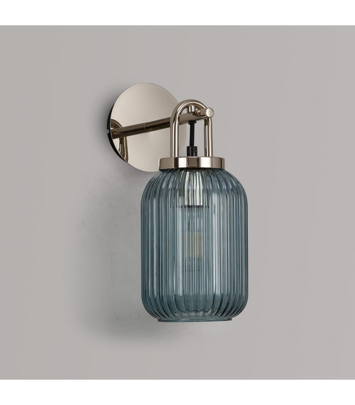 Yorktown Mini Wall Light Switched 1 x E27 Polished Nickel 14cm Tubular Ribbed Glass Petrol Blue-7