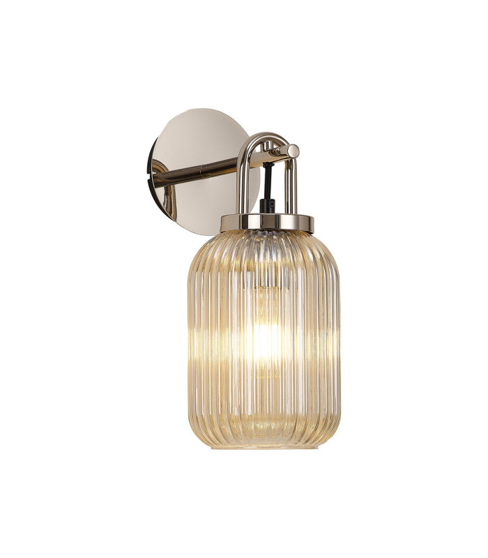 Yorktown Mini Wall Light Switched 1 x E27 Polished Nickel 14cm Tubular Ribbed Glass Champagne-1