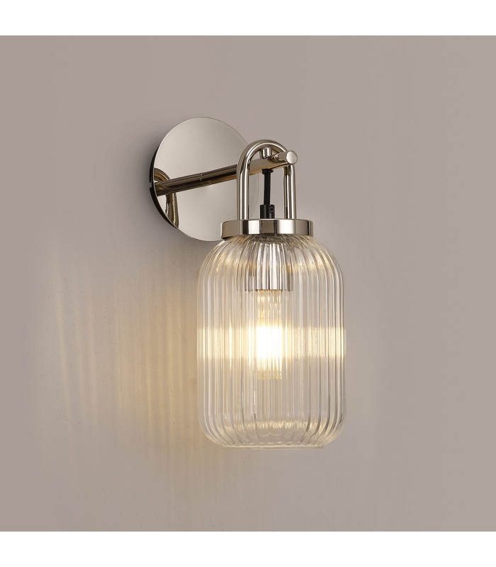 Yorktown Mini Wall Light Switched 1 x E27 Polished Nickel 14cm Tubular Ribbed Glass Clear-3