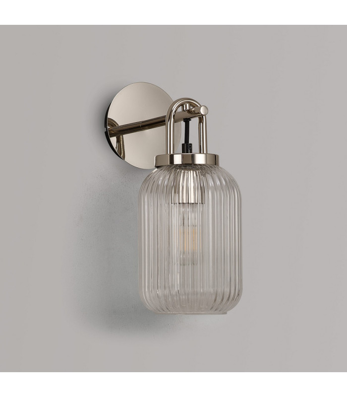 Yorktown Mini Wall Light Switched 1 x E27 Polished Nickel 14cm Tubular Ribbed Glass Clear-7