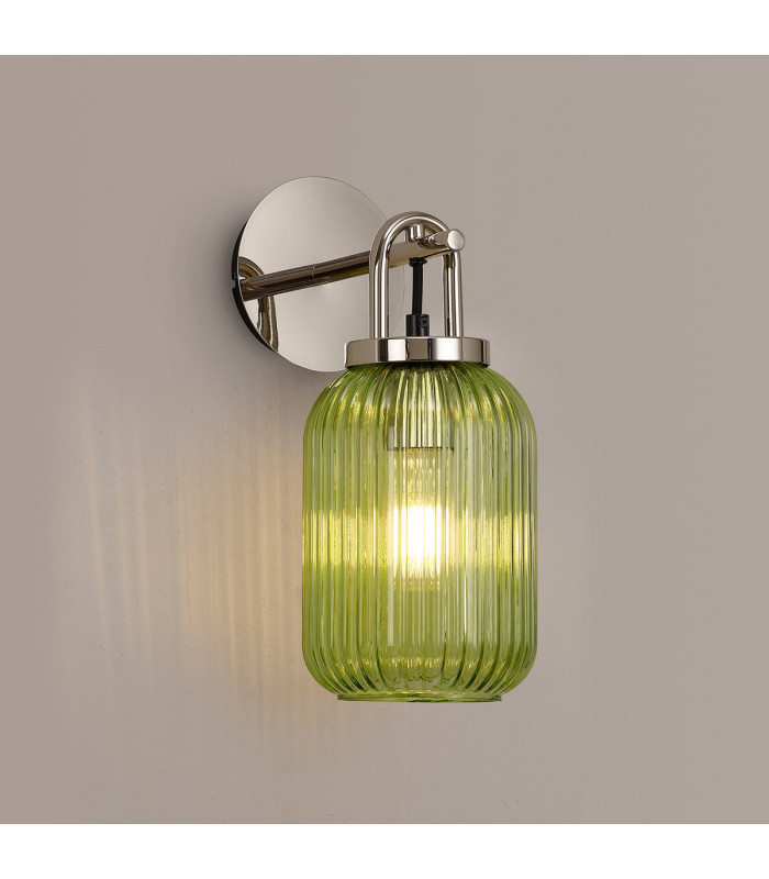 Yorktown Mini Wall Light Switched 1 x E27 Polished Nickel 14cm Tubular Ribbed Glass Green-3