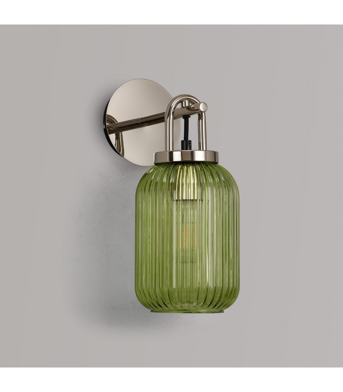 Yorktown Mini Wall Light Switched 1 x E27 Polished Nickel 14cm Tubular Ribbed Glass Green-7